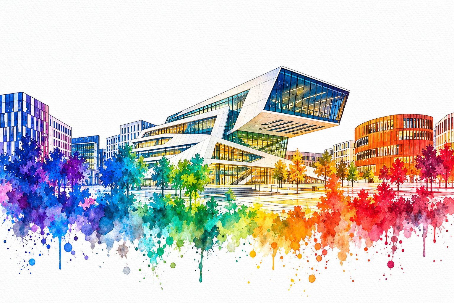 Watercolour illustration of the WU Vienna campus and library